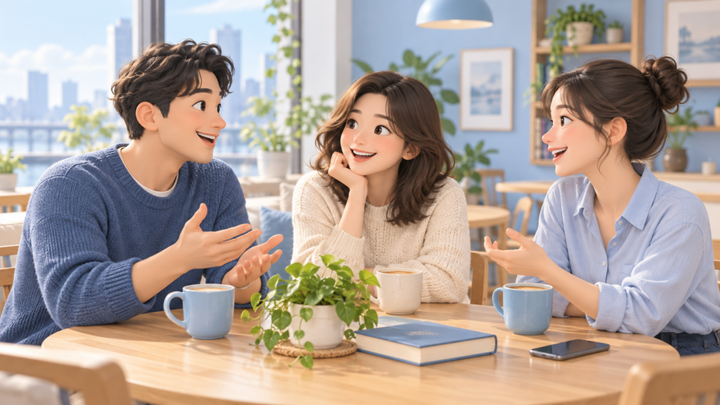 성인 친구 만들기를 위해 카페에서 취미 이야기를 나누는 세 사람의 일러스트