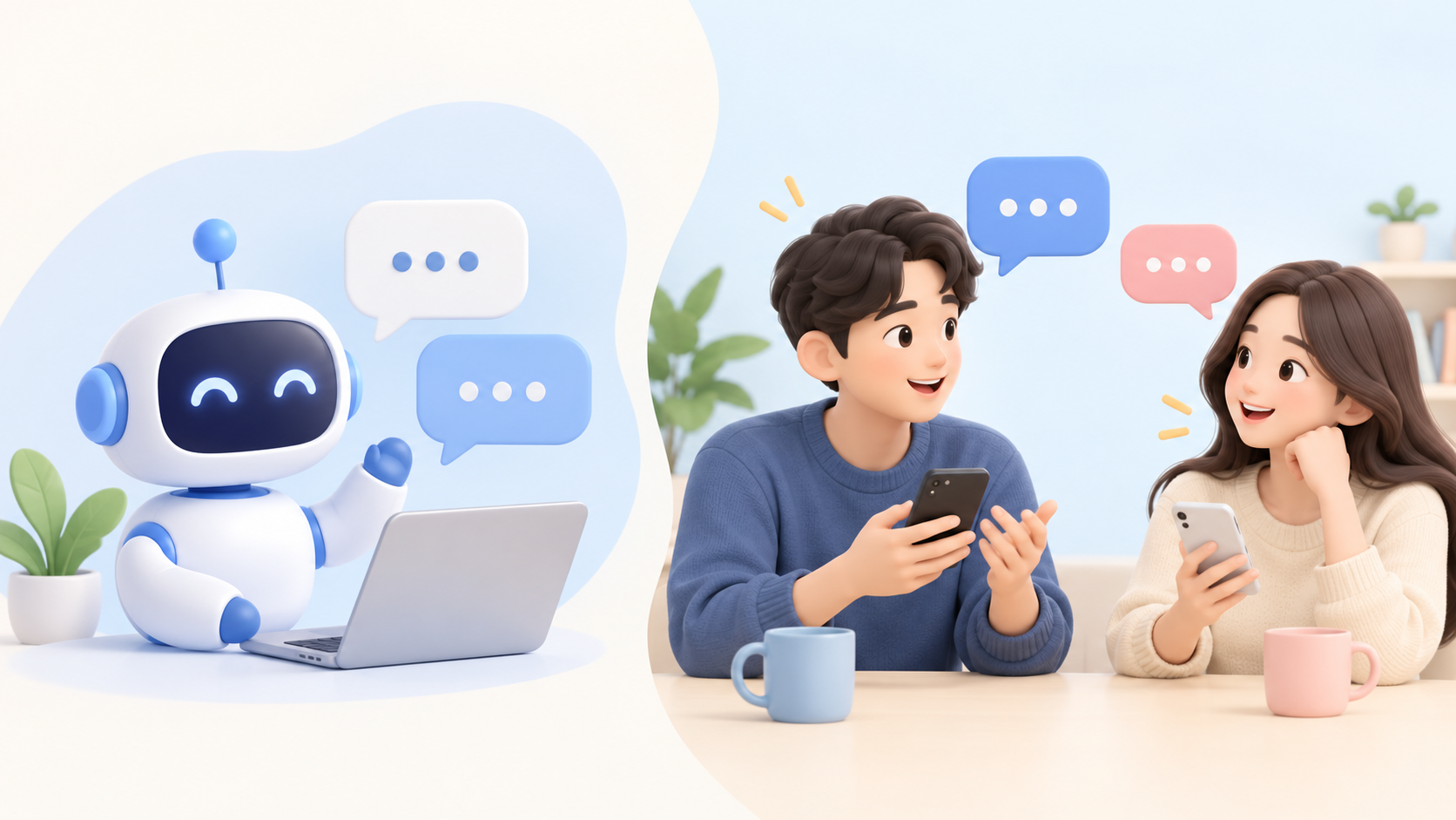 AI 채팅 로봇과 실제 사람 간 대화를 비교한 일러스트