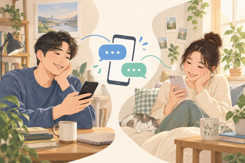 말동무 앱으로 각자의 공간에서 편하게 일상 대화를 나누는 두 성인의 일러스트